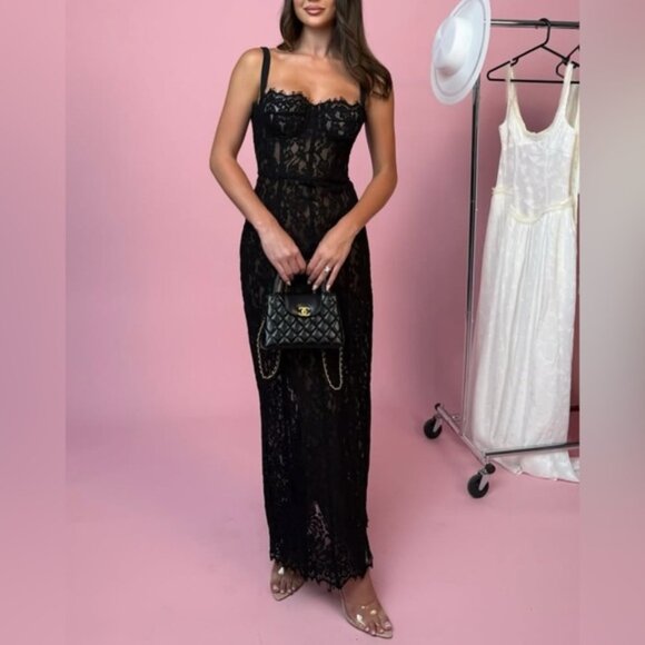 NEW Helsa Lace Column Dress Sheer Bustier Maxi Black | XS - Picture 7 of 16